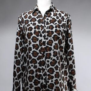 Michael Kors Brown Black Leopard Print Poly Button Front Chiffon Blouse Size XS